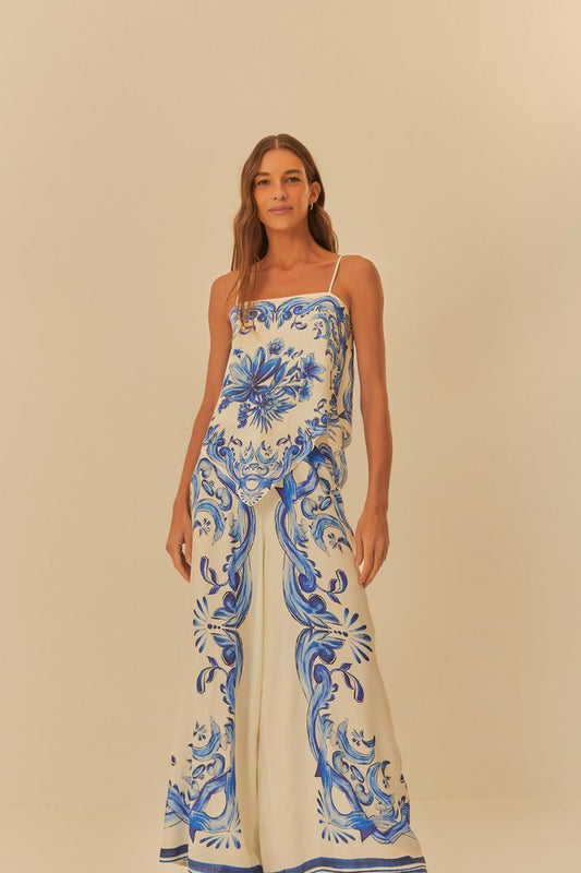 conjunto calça pantalona estampada lenço azulejo